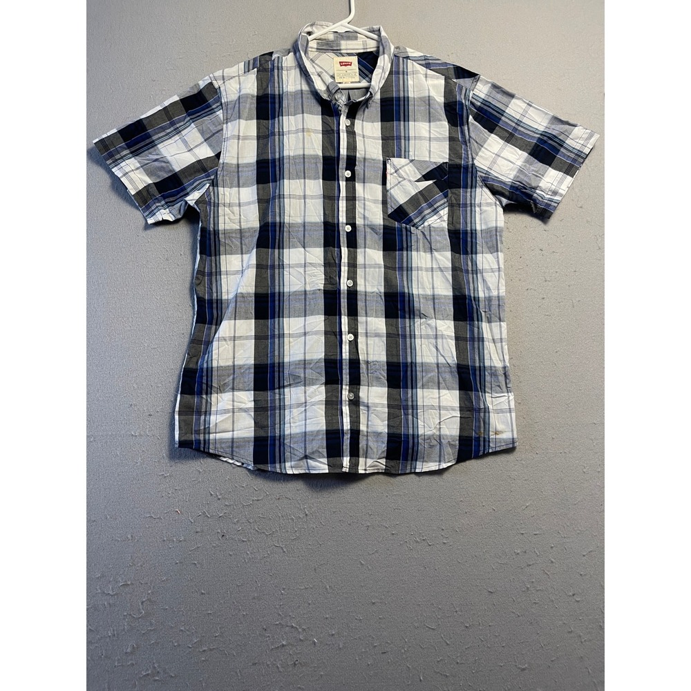 Levi's Button Up Shirt Cotton Blue Plaid XL Mens Short Sleeve